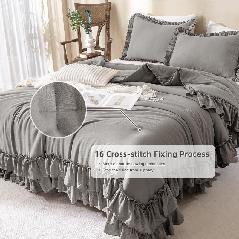 QSH Gray Ruffled Comforter Set King Sizeï¼ˆ106x92inchesï¼‰, 3pcs Shabby Farmhouse Boho Chic Bedding Comforter Sets, Ultra Soft Lightweight Microfiber Inner Fill Grey Fluffy Vintage Comforter for Bed - Image 5